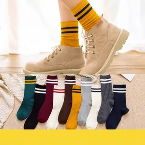 Korean Style Striped Crew Socks For Women Soft Knitted Polyester Elastic Mid Tube Casual Sport Socks Fashion Slouch Socks