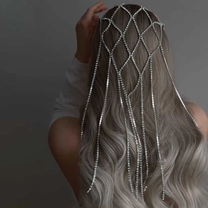 Rhinestone Tassel Hair Chain Silver Alloy Mesh Headpiece For Wedding Party Luxury Fringe Headband Women Accessory
