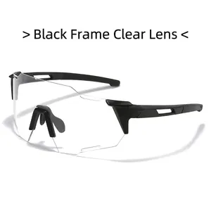 Detail of black frame cycling glasses with large clear lenses and anti-slip nose pads