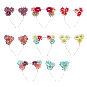 Detailed grid of 11cm faux daisy flower headbands in various vibrant colors on white background