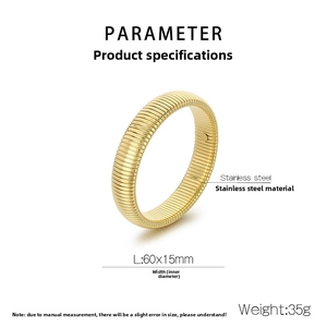 Detailed parameter view of gold stainless steel ribbed bangle weighing 35g and 60x15mm