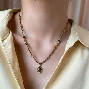 Vintage Perlenkette Mit Tigerauge Stein Unregelmäßiger Ovaler Anhänger Kupfer Vergoldet Retro Schlüsselbeinkette Für Damen