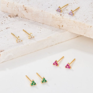Minimalist S925 silver stud earrings with colorful zircon stones in a three-petal flower design
