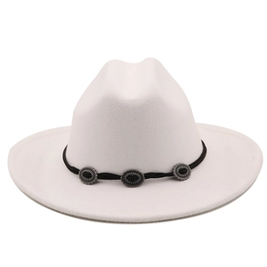 Wide Brim Fedora Hat Vintage Woolen Felt Western Cowboy Jazz Cap With Metal Buckle Band For Men Women