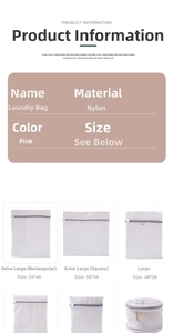 Size chart showing large and extra-large nylon laundry bags with detailed dimensions