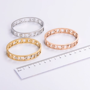 Hollow Love heart geometric bangles in gold, silver, and rose gold with measurements