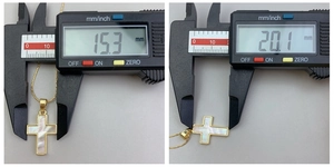 Detailed size measurement of a gold cross pendant with mother of pearl inlay
