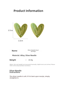 Detailed dimensions and specs of olive green heart earrings with silver needles
