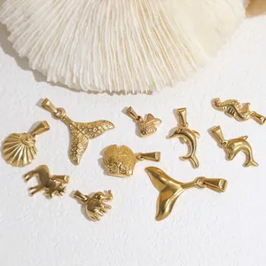 24K gold plated stainless steel ocean theme pendants featuring dolphin, seahorse and elephant