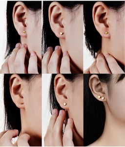 Collage showing various gold S925 sterling silver geometric stud earrings on model's ear