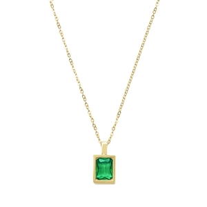 Minimalist 14K gold necklace with rectangular emerald green zircon pendant on white background