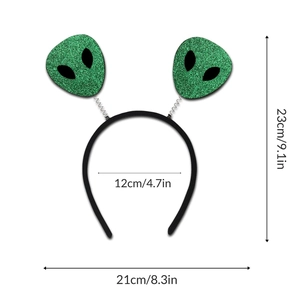 Detailed size chart of green glitter alien headband with 23cm height and 21cm width