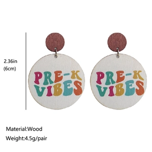 Colorful Pre-K Vibes wooden drop earrings for teachers and students with size labels