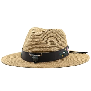 Cappello di paglia Panama con fascia in pelle marrone, teschio di toro e ricami