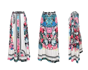 Detail of high waist maxi skirt with floral leopard print and silver buckle hardware