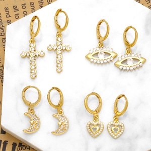 European Fashion Copper Cross Evil Eye Moon Heart Drop Earrings For Women Gold Plated Rhinestone Pave Dangle Earrings Jewelry