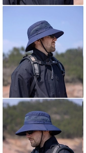 Outdoor sun hat with wide brim, breathable mesh panels, and adjustable chin strap