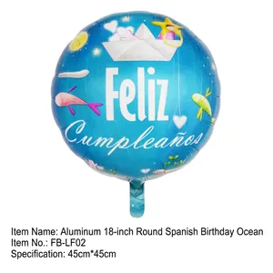 Close-up of 18 inch blue foil balloon with Feliz Cumpleaños text and sea illustrations
