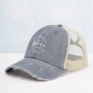 Distressed vintage baseball cap with mesh back and HIS grace IS ENOUGH print