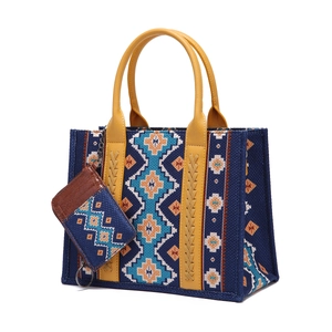 Detail of ethnic geometric pattern canvas tote bag with matching card holder pouch