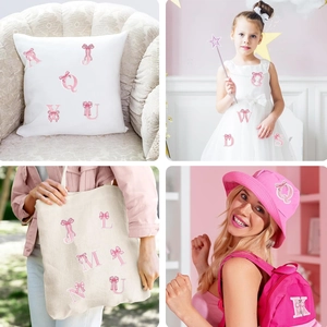 Pink bow embroidered letter patches shown on pillows, bags, and clothing for decoration