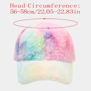 Detail showing head circumference of 56-58cm for the plush tie-dye baseball cap