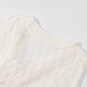 Macro shot of cream knit dress neckline with diamond hollow weave detail