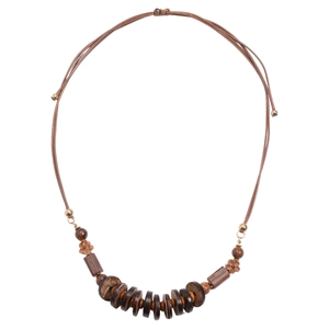 Bohemian wooden bead sweater necklace with vintage flower charms and coconut shell accents