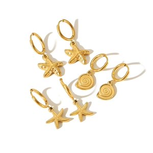 18K gold plated stainless steel ocean hoop earrings with starfish and seashell charms