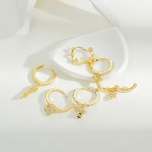Elegant 18K gold hoop earrings set with honeybee and butterfly zircon pendants