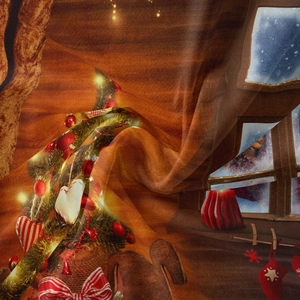 Close-up of semi-transparent Christmas tree tapestry with warm festive prints and soft folds