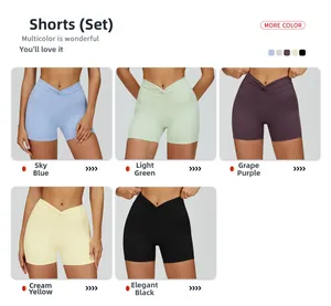 Detailed collage of high-waist yoga shorts in five colors featuring a V-shaped waistband