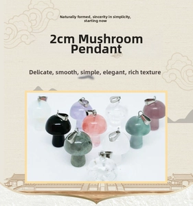 Macro detail of 2CM natural gemstone mini mushroom pendants with metal connectors