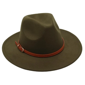 Detail of dark olive wool fedora hat featuring brown leather band and gold metal buckle