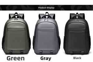 Three large capacity business backpacks in green, grey, and black with waterproof fabric