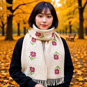 Winter Knitted Scarf Imitation Cashmere Acrylic Floral Rose Pattern With Tassels Warm Soft Elegant For Women Men