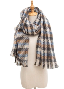 Detailed view of plaid scarf fringe and textured knit fabric in blue and brown colors