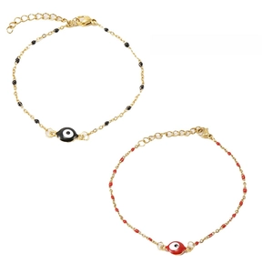 Detail of evil eye stainless steel bracelets with red and black enamel beads