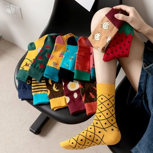 Colorful cotton crew socks featuring cute fruit and animal patterns for men and women