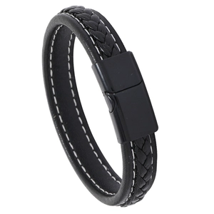 Minimalist black braided leather bracelet with white stitching and magnetic clasp