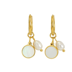 Elegant gold hoop earrings with white pearl and round mother of pearl pendants