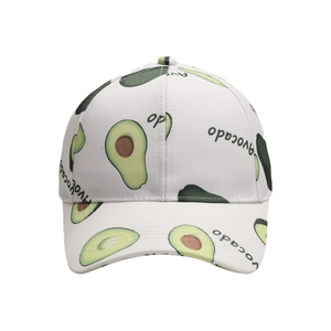 Close-up of white cotton baseball cap featuring green avocado prints and avocado text