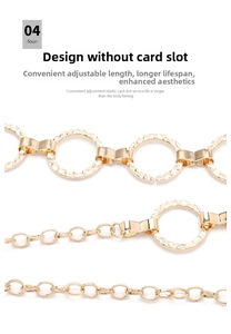 Detail of adjustable gold metal waist chain with textured rings for women dresses