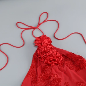 Détail du décolleté licou rouge avec broderie florale 3D et tissu satiné résille