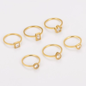 6-piece gold stainless steel ring set with zircon star heart and pear shapes