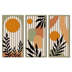 Three-piece bohemian cutout wooden wall art set with sun and botanical patterns