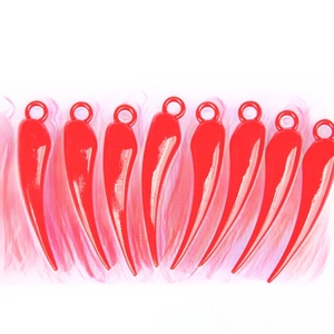 Macro detail of eight shiny red chili pepper plastic charms for DIY crafts and decor