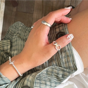 Minimalist 925 sterling silver braided ring and chain bracelet set for women
