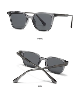 Detailed 45-degree side and back view of retro square translucent grey sunglasses