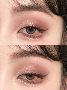 Macro detail of eye makeup look with soft pink brown eyeshadow and glitter shimmer finish